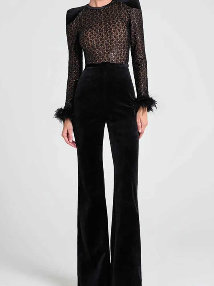 New Sequined Black Feathers Round Neck Gold Velvet Stitching Swedish Jumpsuit Casual Womens Sexy Swedish Jumpsuit W250306