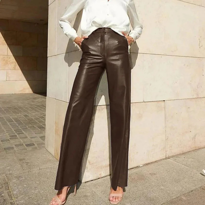 Fashion Solid PU Leather Straight Pants Autumn Office Lady Pocket commute Trousers High Street Casual Women Slim Long Pants 250409