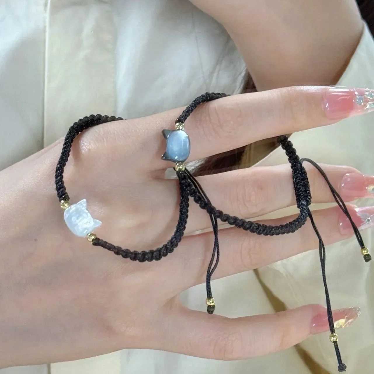 Natural Moonstone Obsidian Bracelets Couple Minimalist Bracelet Handmade Cute Black White Rabbit Cat Bracelet Party Jewelry GiftT251110