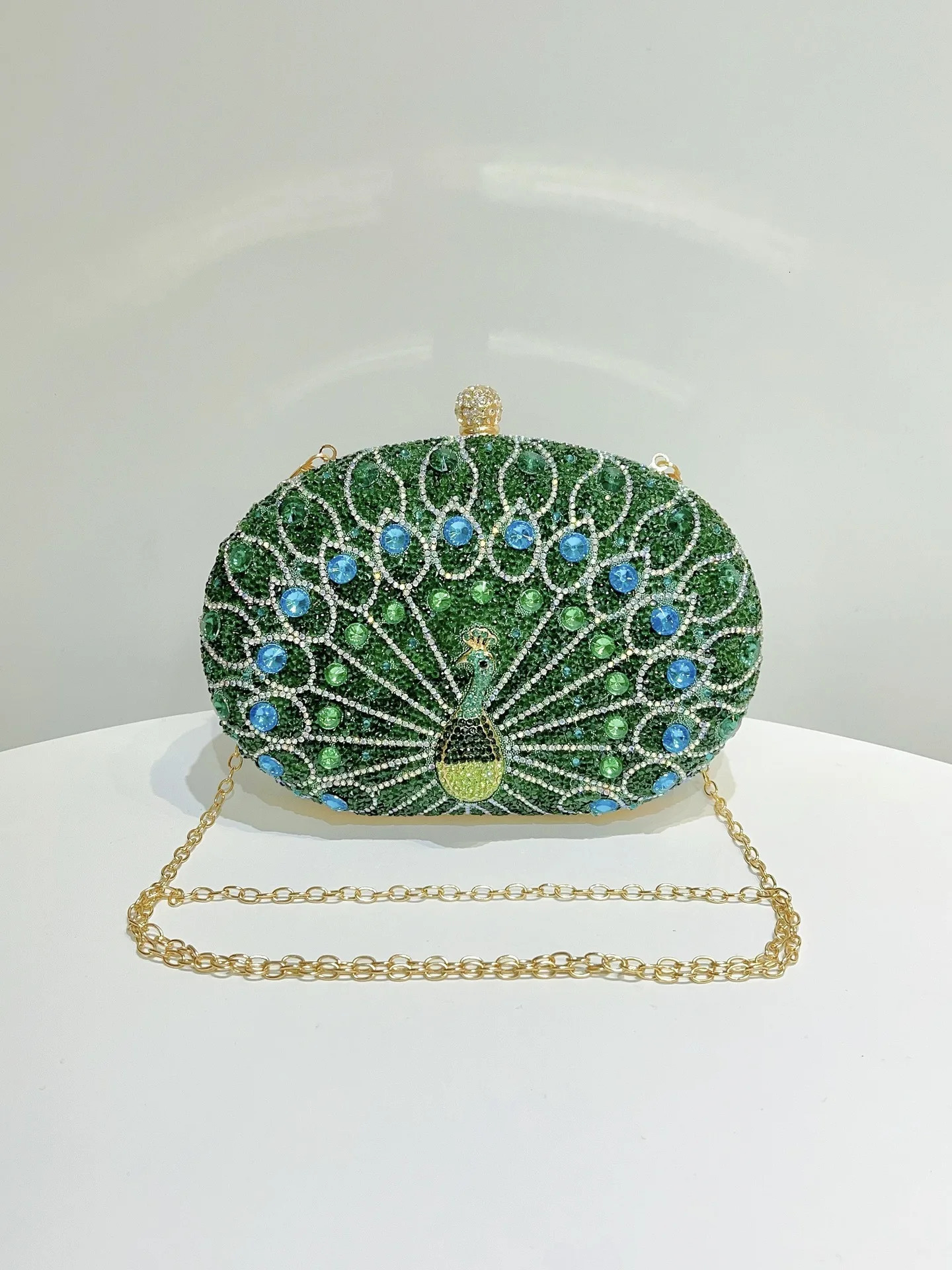 Light BLUE Sapphire Crystal Peacock Clutch Women Evening Bags Wedding Party Dinner Bridal Rhinestone Handbag R251110