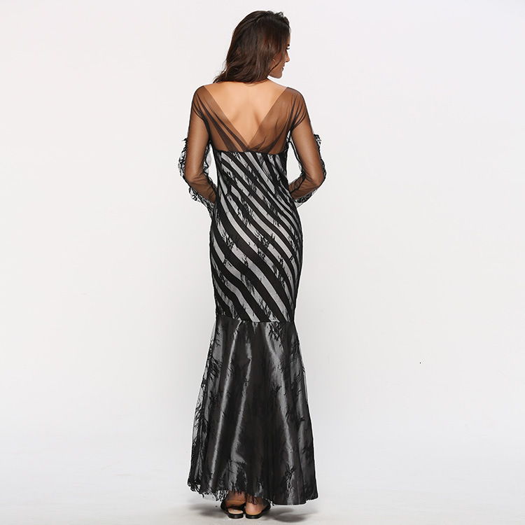 Female lace mesh slim fitting celebrity fan dance president style toast evening dress