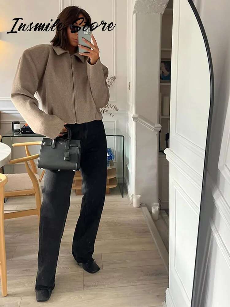 Vintage Khaki Women Short Coat Lapel Long Sleeve Zipped Pleated Loose Female Jacket 2025 Spring New Fashion Street Lady Jackets