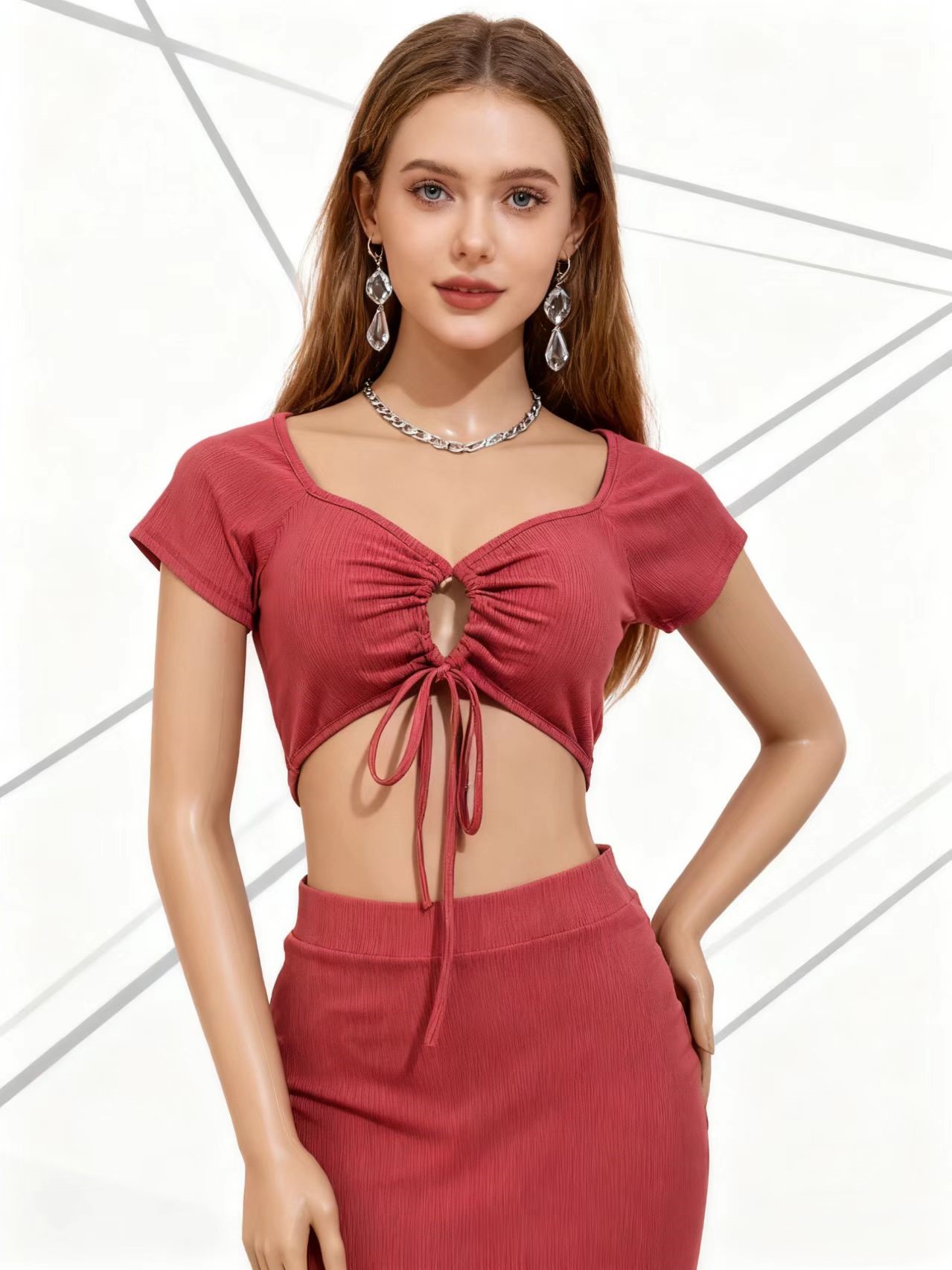 New Threaded Milk Silk Ribbed Solid Color Sweet Lace Fishtail Dress Set