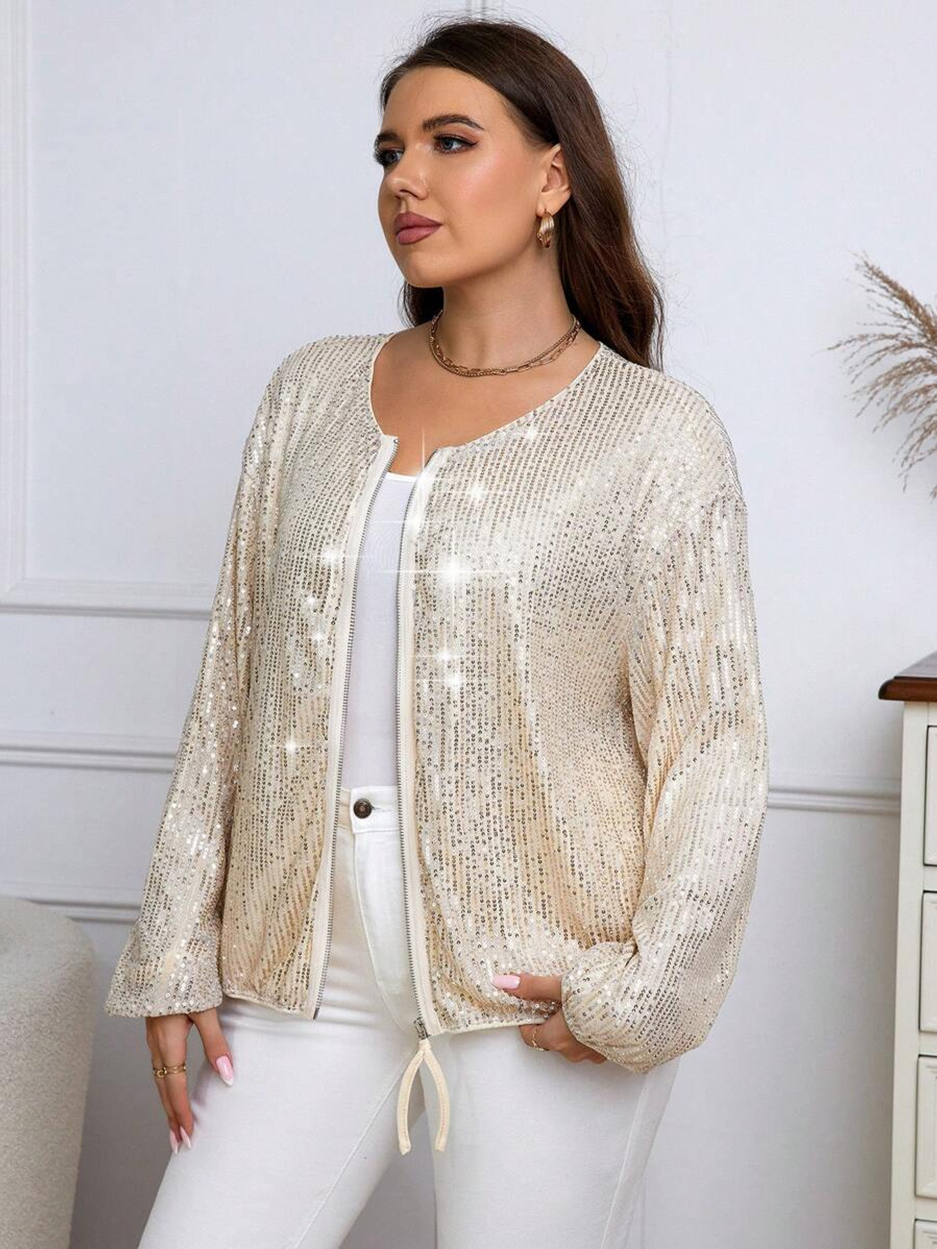 Women's Sequin Baseball Jacket, Zip-Up Casual Daily Commute Coat, Apricot----D362