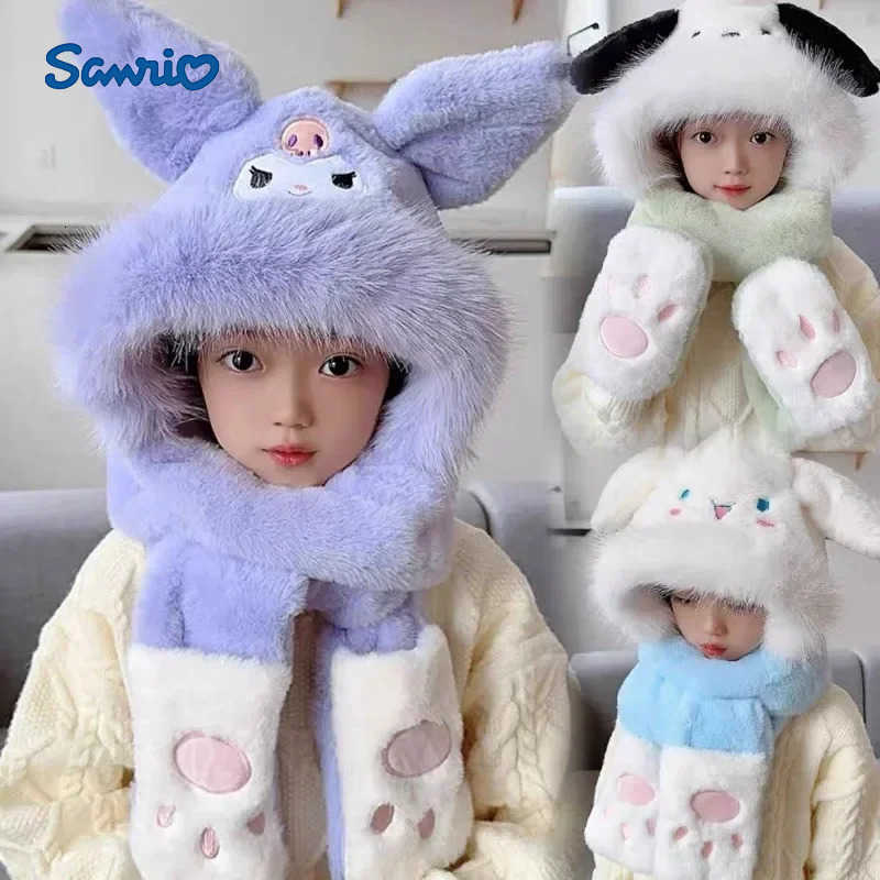 Sanrio Kuromi Anime Children Hat Scarf Gloves Cute Ins Kawaii Cinnamoroll Pochacco Ins Lovely Doll Fluffy Hat Gifts for Kids H251110