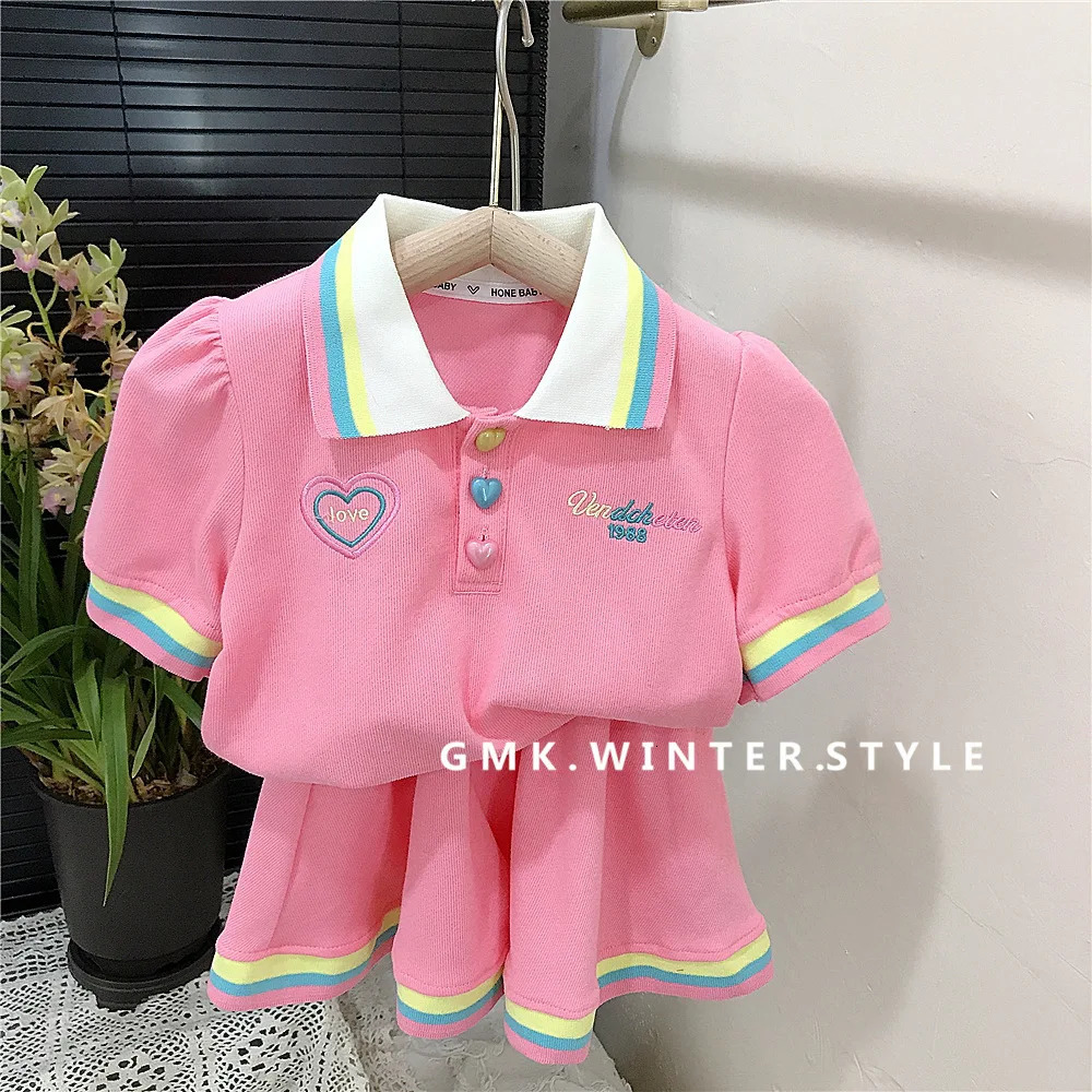 Summer Preschool Girls 2PCS Clothing Set Love Button Embroidered Letter Polo Shirt Loose Stripe Contrast Hemp Baby Girls Clothing 250409