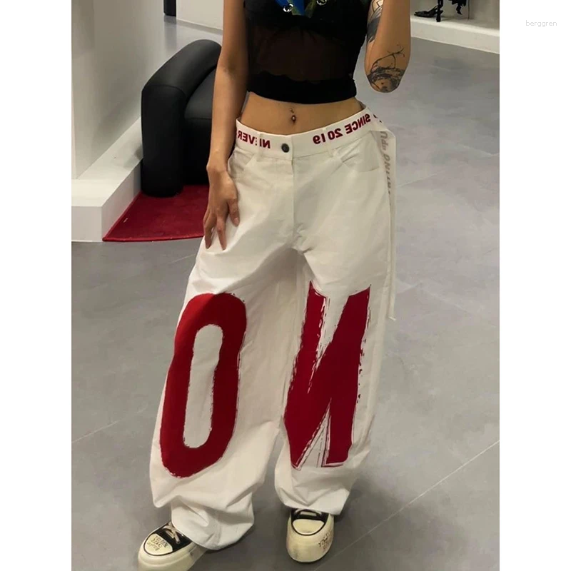 Womens Jeans ZHIZOU Women White Letter Print Y2k Baggy 2000s Style Denim Trouser Harajuku Vintage Oversize Hip Hop Pants Autumn Z260313