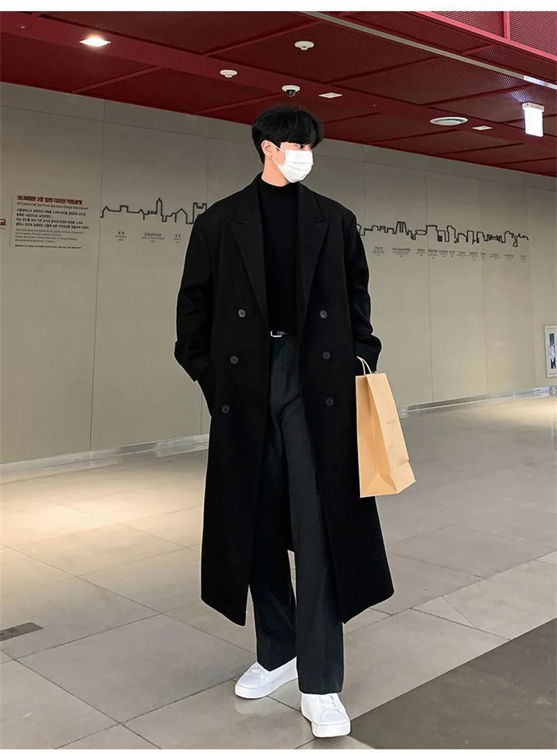 Winter woolen coat mens long style with cotton over the knee woolen windbreaker thickened coat Korean version loose fit 251103
