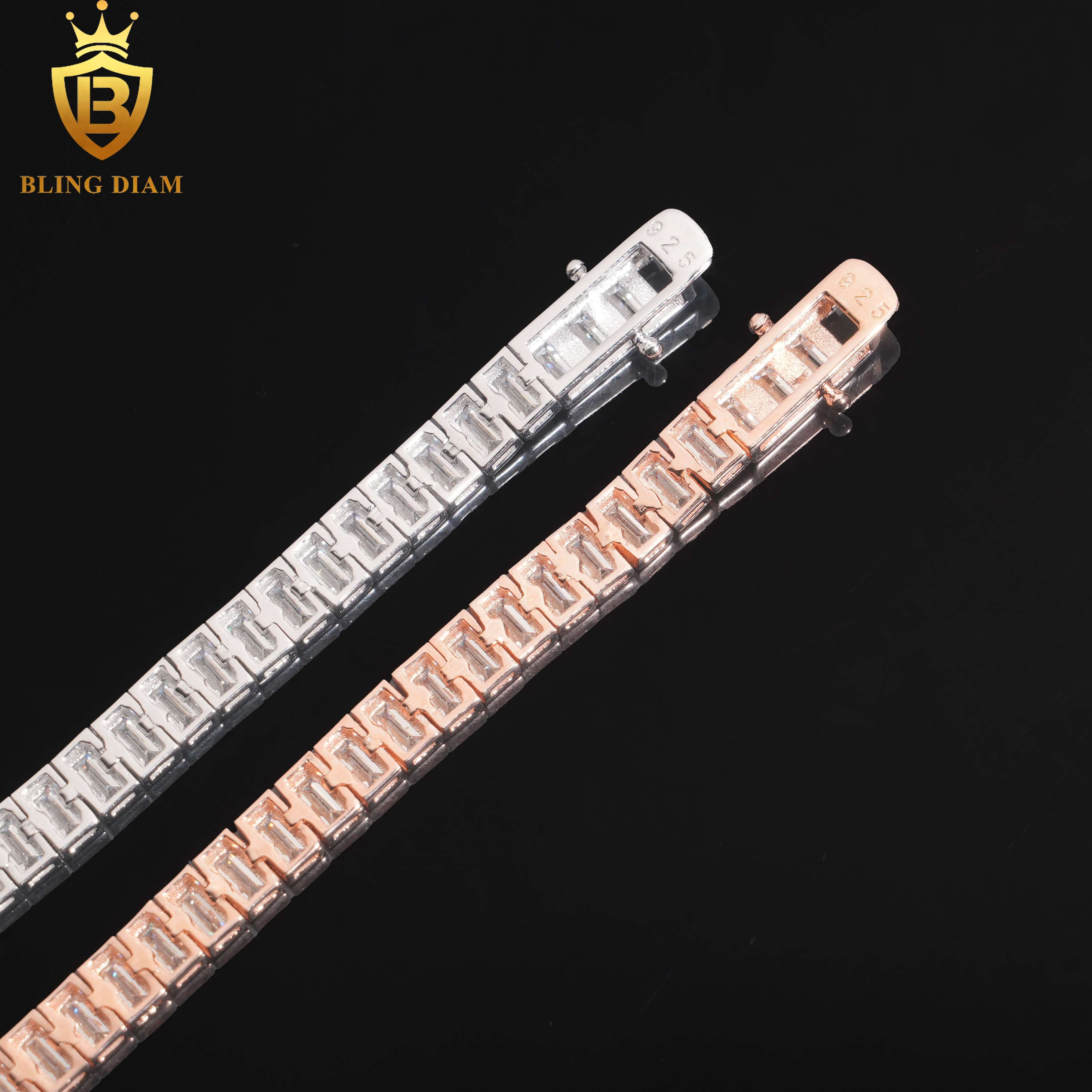 Fashion Jewelry 925 Sterling Silver VVS Moissanite Emerald 2x4mm Tennis Chain Bezel Bracelet