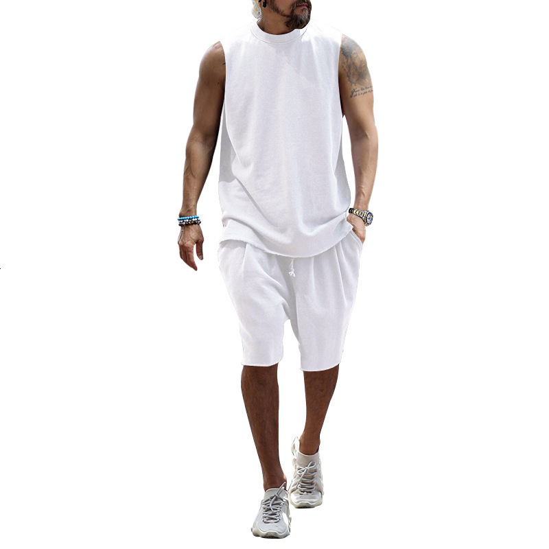 New plus size mens sleeveless sports suit casual shorts loose summer vest two-piece set