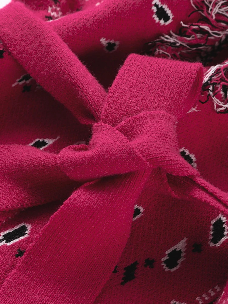 Women Tassel Patchwork Printed Cardigan Geometric Patterns Belts Vneck Long Sleeve Knitted Casual Lady Sweater Autumn Coat 251103