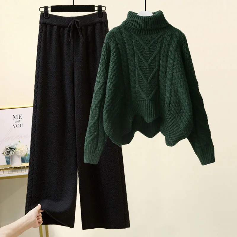 Sweater Suit Women Knitting 2 Piece Sets Pullover Top Jumper Turtleneck Wide Leg Pants Ensemble Winter Thick Knitwear Outfits 251110
