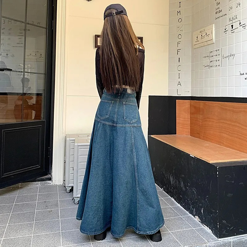 Denim Summer Dress Womens Spring Street Clothing Aline Pocket Large Bottom Patch High Waist Long Jeans NS5633 250410