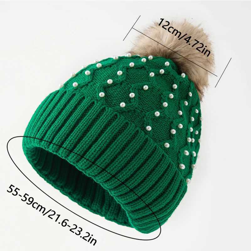 Womens Winter Beanie with Pearls and Pom Pom Elegant Embellished Design Soft Warm Knit Skull Cap for Cold WeatherXJ251110