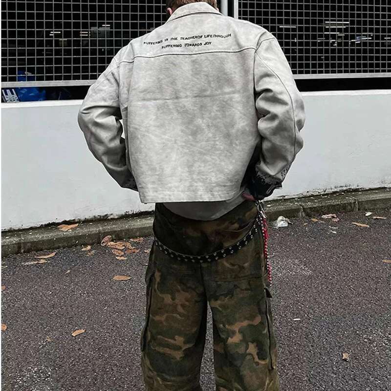 Streetwear Washed Painted Autumn Windbreaker Jackets Mens And Women Turn Down Collar Baggy Clothes Oversized Loose Outwear Coats