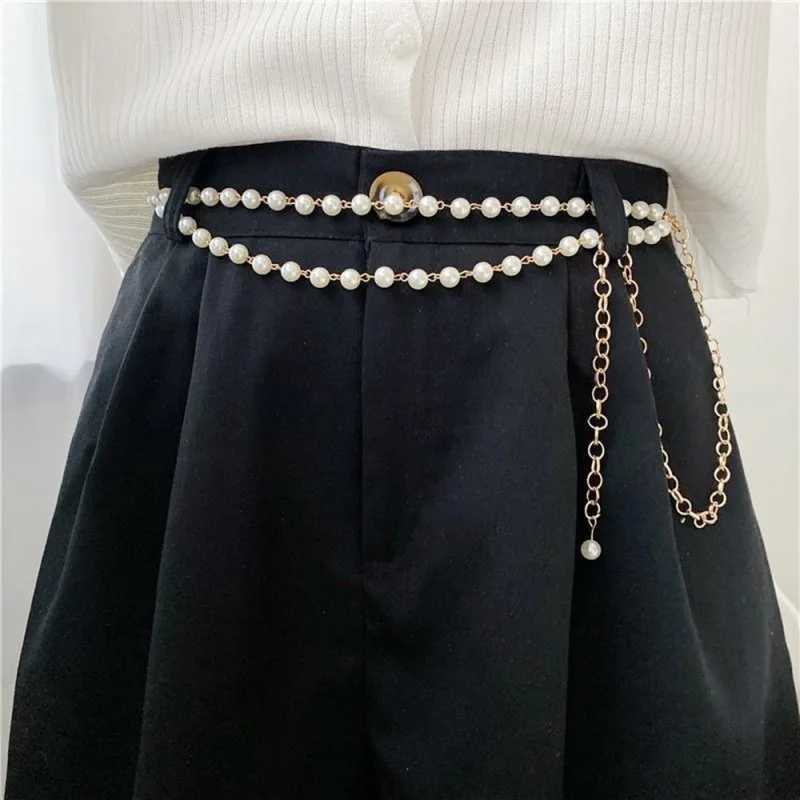 Warm and elegant Immersion pearl waist chain sexy double-layer beads shell metal chain belt hot trend body chain jewelry X250410