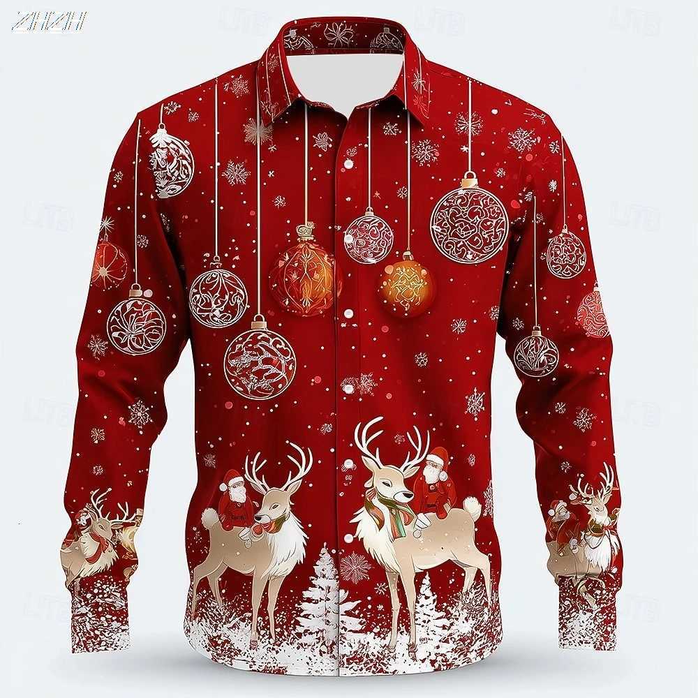 2025 Mens Christmas Santa Reindeer Shirt 3D Print Baubles Design Funny Button Up Collared Holiday Long Sleeve Tops K251110