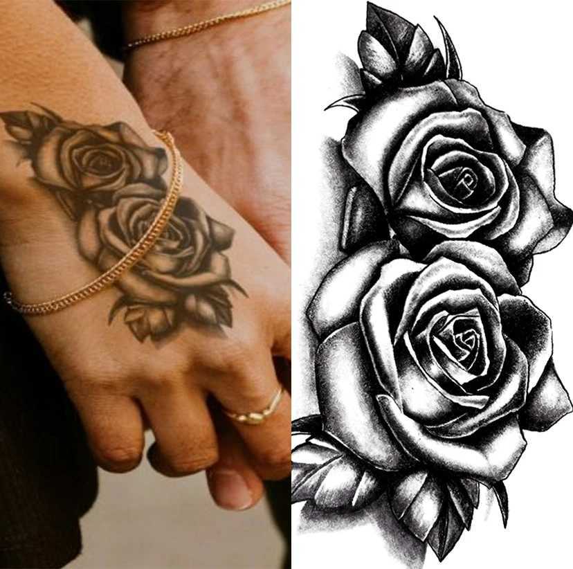 Waterproof Double Rose Temporary Tattoo Sticker Paper Flower Rose Sparkling Sexy Fake Black Rose Tattoo Body Art Arm Fake Sleeve Tattoo W250410