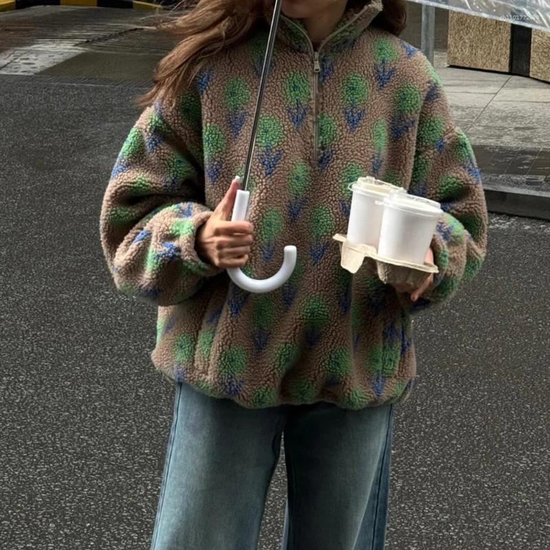 Women's Hoodies Ticketsx Women Printed Lamb Fur Vintage Fashion Floral Contrast Loose Pullover Fall Winter Casual Street Office