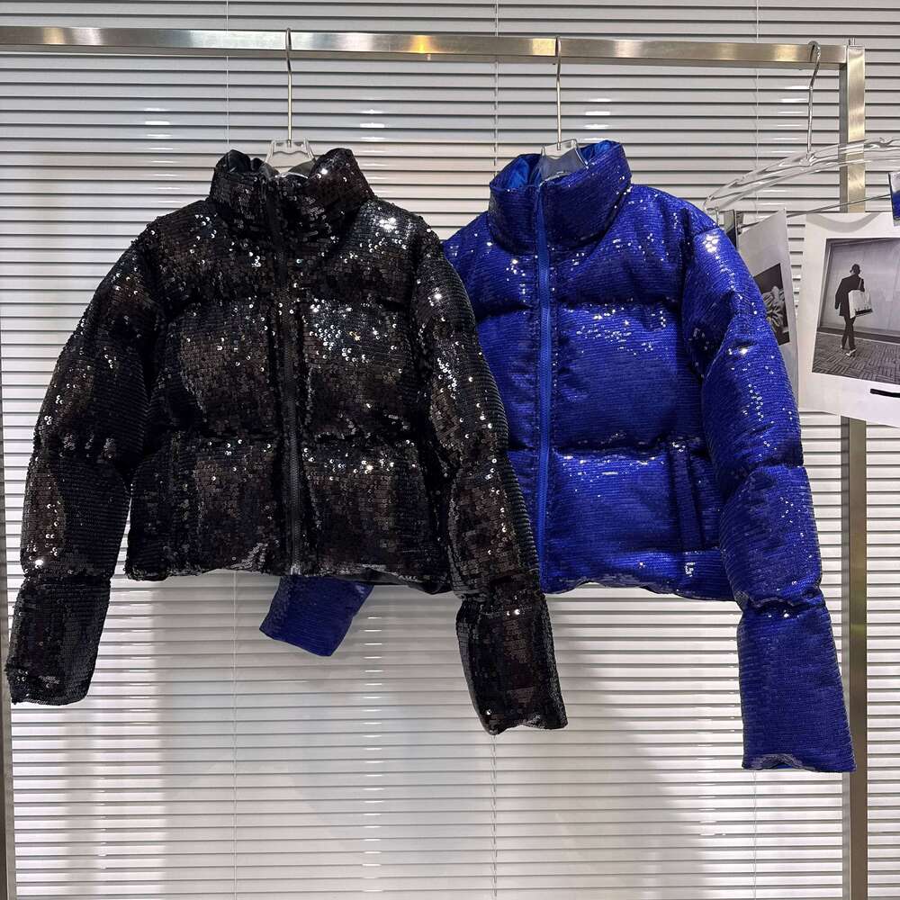 Winter Fashion Highstreet Women's Cotton Coats Sequins Stand Collar Versatile Casual Warm Puffer Short Parkas Jackets Women