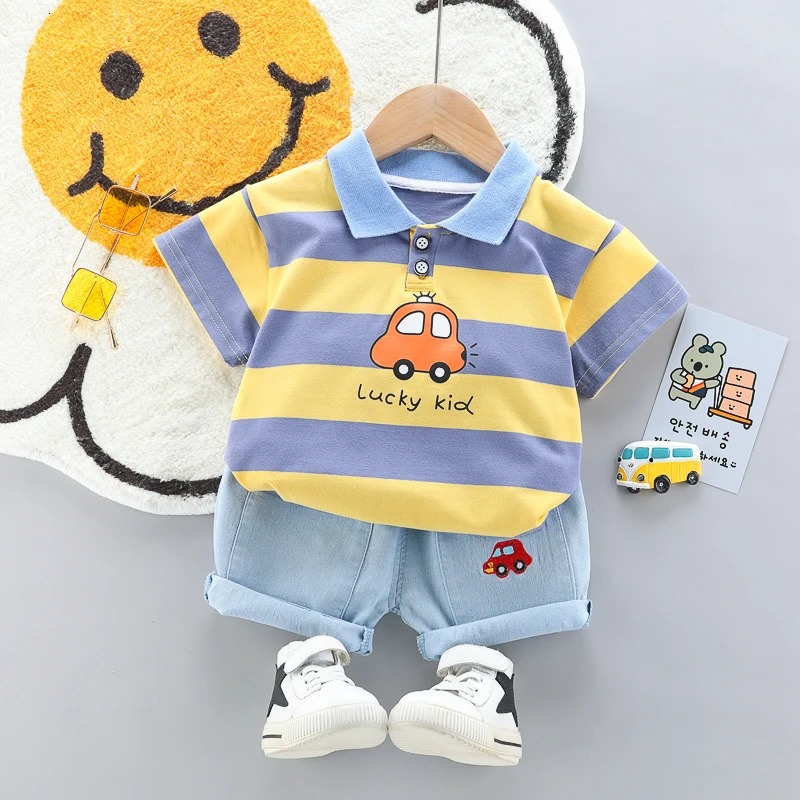 High quality baby boy polo shirthandsome denim shorts 2-piece set childrens and girls clothing summer set 250409