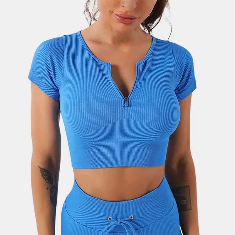 Zipper seamless ribbed yoga shirt womens fitness short sleeved crop top gym sportswear workout clothes running sports T-shirtXJ250410