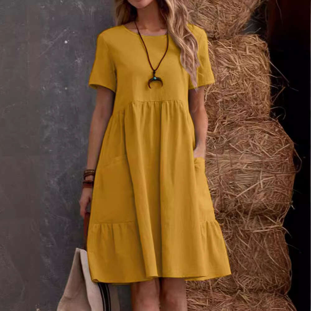 2025 Summer European and American Cross-Border TEMU Independent Station Retro Loose Pocket Solid Color Round Neck Women's Cotton Linen Dress