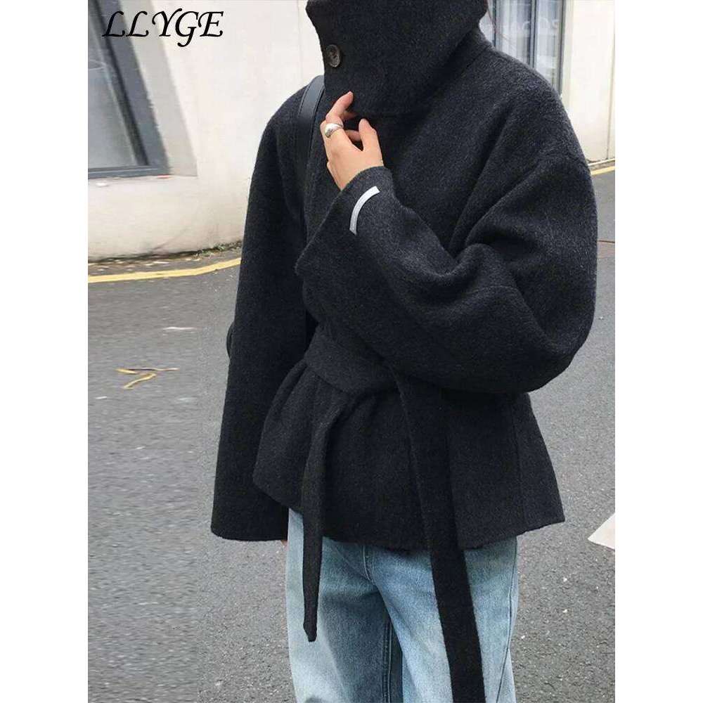 Street Women's Belt Stand Collar Woolen Coats Chic Single Breasted Full Sleeve Jacket 2025 Autumn Winter Lady Commute Outwear