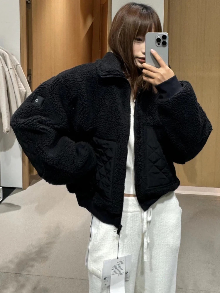 Lamb Wool Spliced Short Jacket Autumn Thickened Warm Women Casual Stand Up Collar Zipper Winter 251110