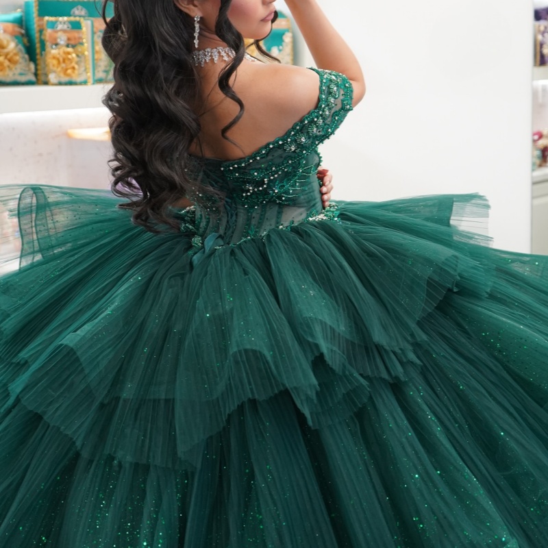 Blackish Green Shiny Princess Quinceanera Dresses Off Shoulder Beads Applique Tull Sweet 16 Dress Ball Gown Vestidos 15 Anos