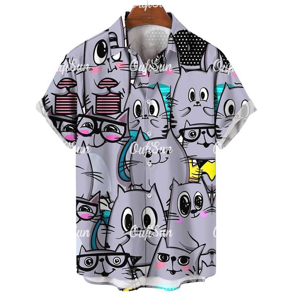 3D lapel Hawaiian mens casual short sleeved anime shirt mens summer mens street retro animal cat X250410