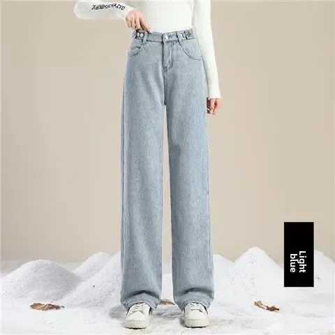 Autumn Winter Womens Fleece Lined Thick Wide Leg Jeans High Waist Slim Straight Long Pants Casual Loose Fit Jeans C251110