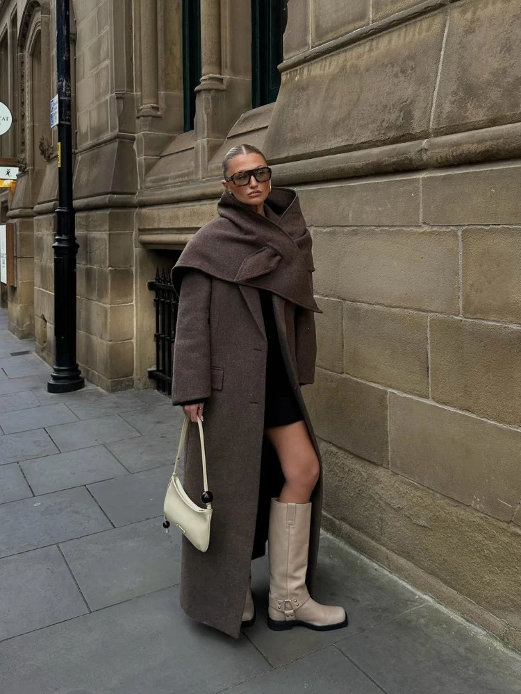 Brown Shoulder Pad Wool Blend Overcoat Women Elegant Lapel Singlebreasted Long Sleeve Coat Autumn Lady Outerwear 251023CJ