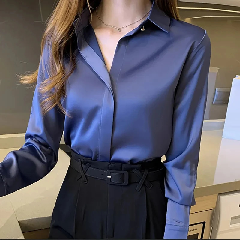 Satin womens retro long sleeved shirt womens silk elegant womens top decoration white shirt autumn womens clothing 250409