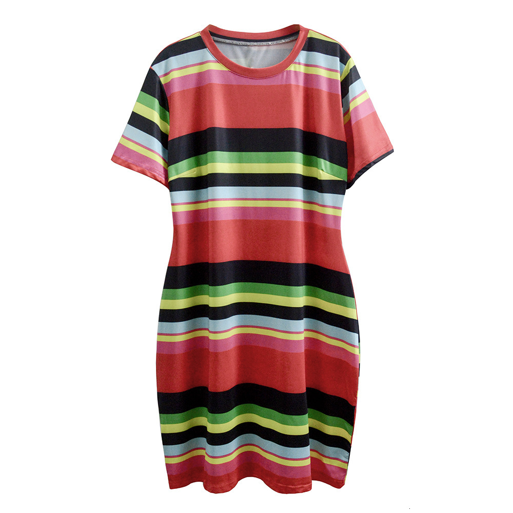 2025 summer new striped slim fit red plus size fat woman fashionable dress for women