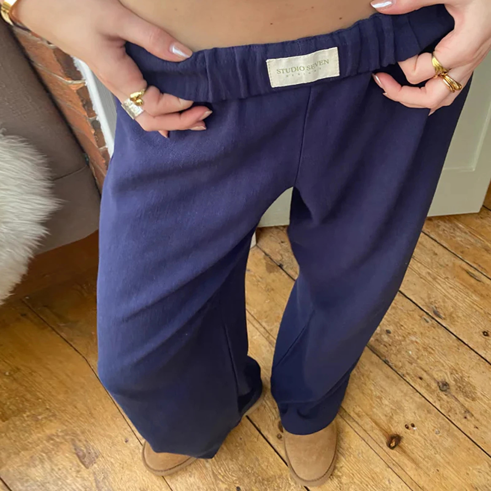 Combhasaki Womens Y2K Vintage Retro Casual Long Pants Elastic Wide Band Waist Solid Loose Trousers Loungewear Pants Streetwear 250409