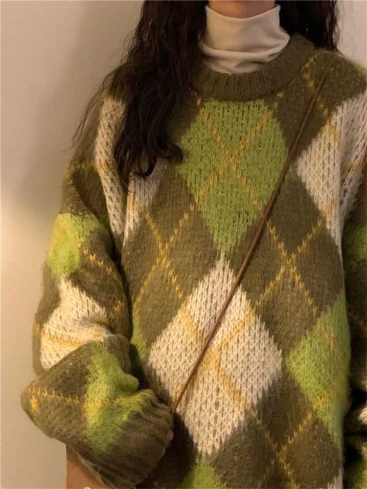 Fashion Retro Green Pullovers Women Cozy Minimalist BF Style Autumn Argyle Casual Harajuku Baggy Sweater Long Sleeve All-match Knitwear Y251110