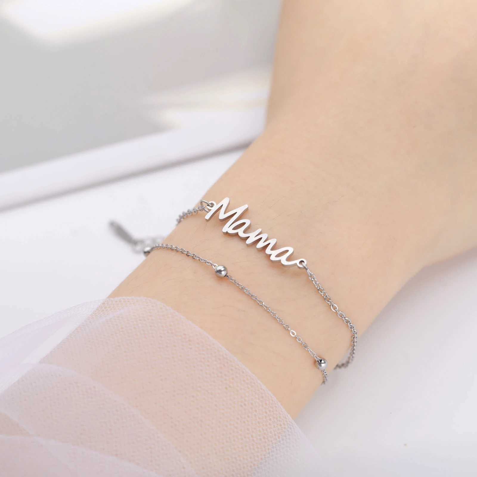 Skyrim Letter Mama Charm Bracelet Men Women Stainless Steel Double Layer Beads Chain Bracelets Fashion Jewelry Mother Day GiftT251110