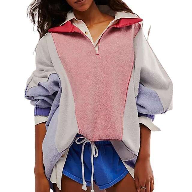 American Color-Block Sweatshirt For Women Loose Lazy Style Fleece Casual Pullover Sportswear With High-End Feel