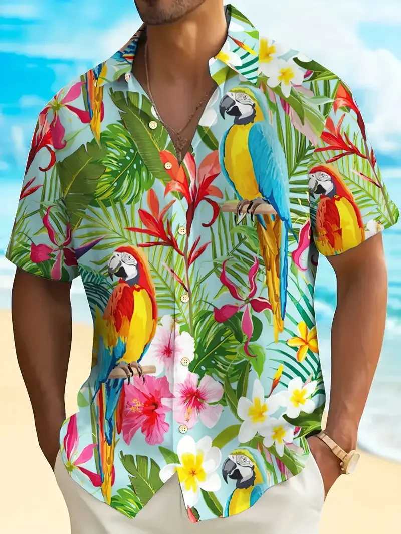 Mens Vitality Parrot Tropical Printed Hawaiian Shirt Casual Short Sleeve Button Beach Shirt Mens Summer Vacation X250410