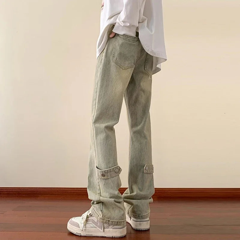 Mens Ultra Thin Edge Bottom Jeans Mens Fashion Metal Button Jeans Teen Trendy Retro Casual Denim Trouser 250408