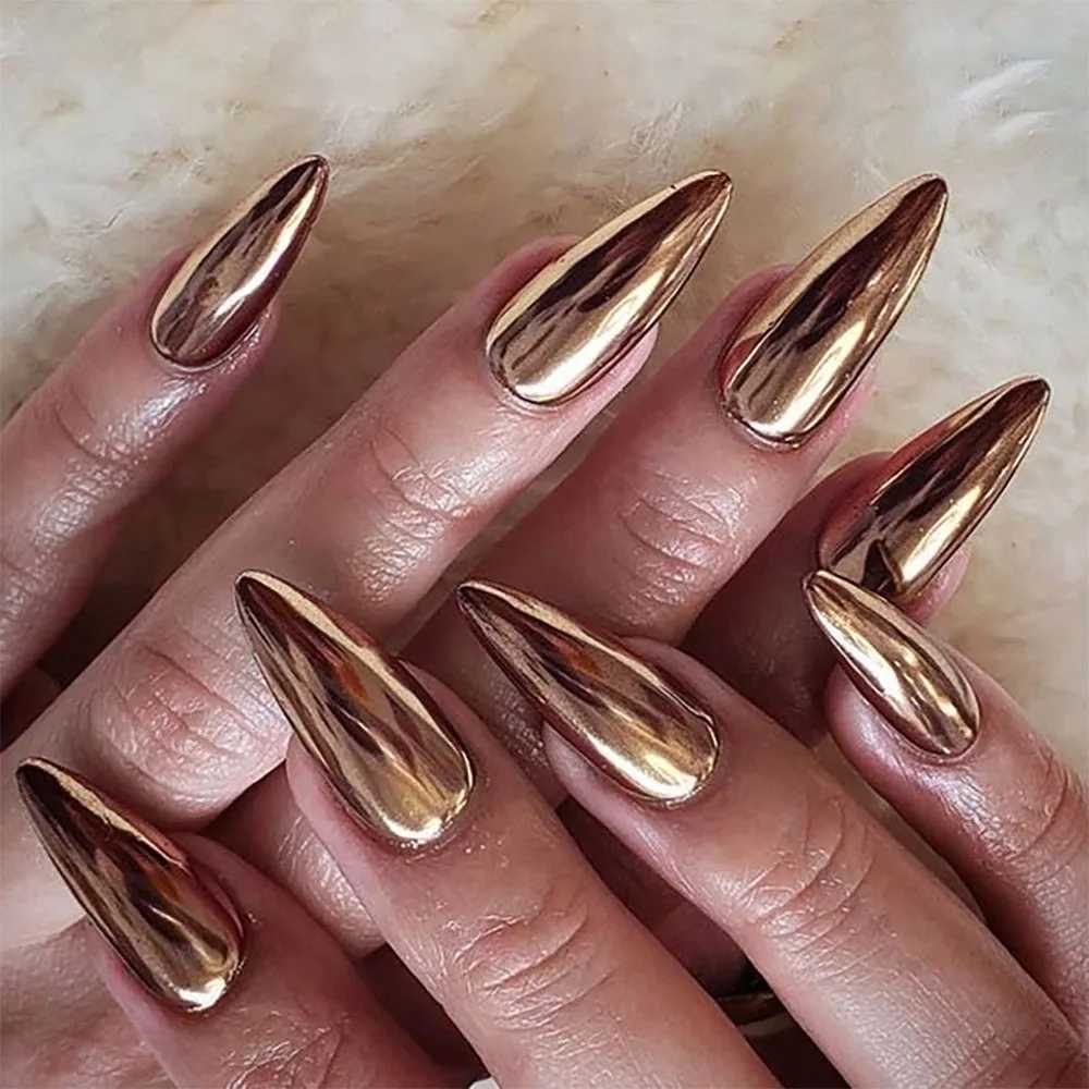24pcs/set of aluminum fake nails with metal mirror finish in red black purple blue gold pointed artificial ongles y2k pressed acrylic fake nails W2504