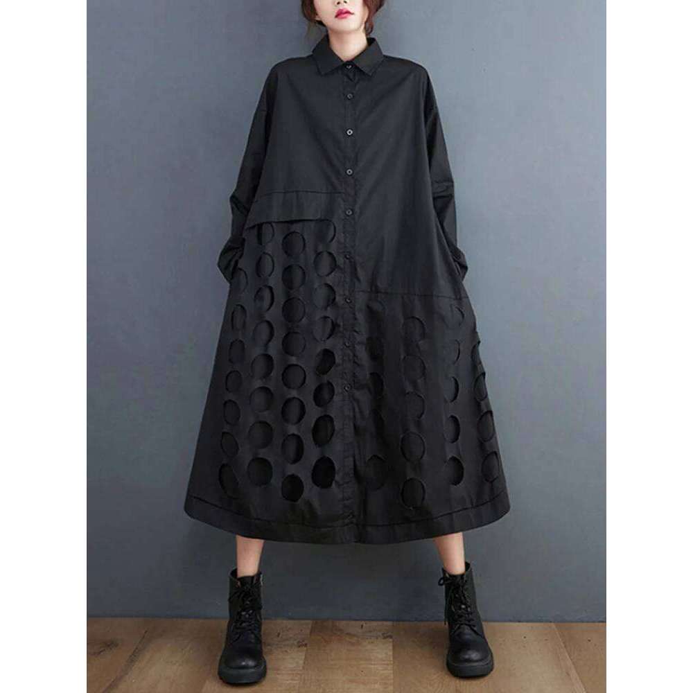 Green Vintage Hollow Out Shirt Dresses For Women New Long Sleeve Loose Casual Dress Elegant Clothing Fashion Spring Autumn 2025