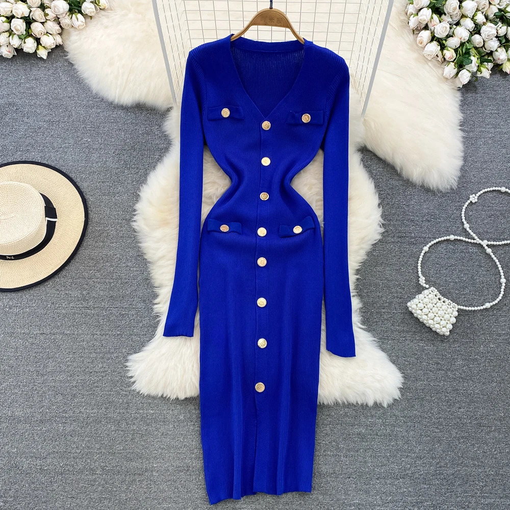 REALEFT Autumn Winter VNeck Womens Knitted Dresses Single Breasted Long Sleeve Solid Front Split Midi Female 251110