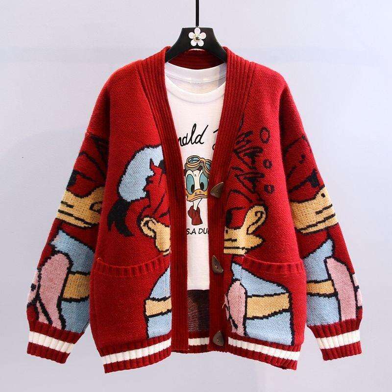 Japanese Cartoon Sweater Coat for Women, Autumn Winter 2025 New Lazy Style Loose Fit Outerwear Versatile Thick Knitted Cardigan