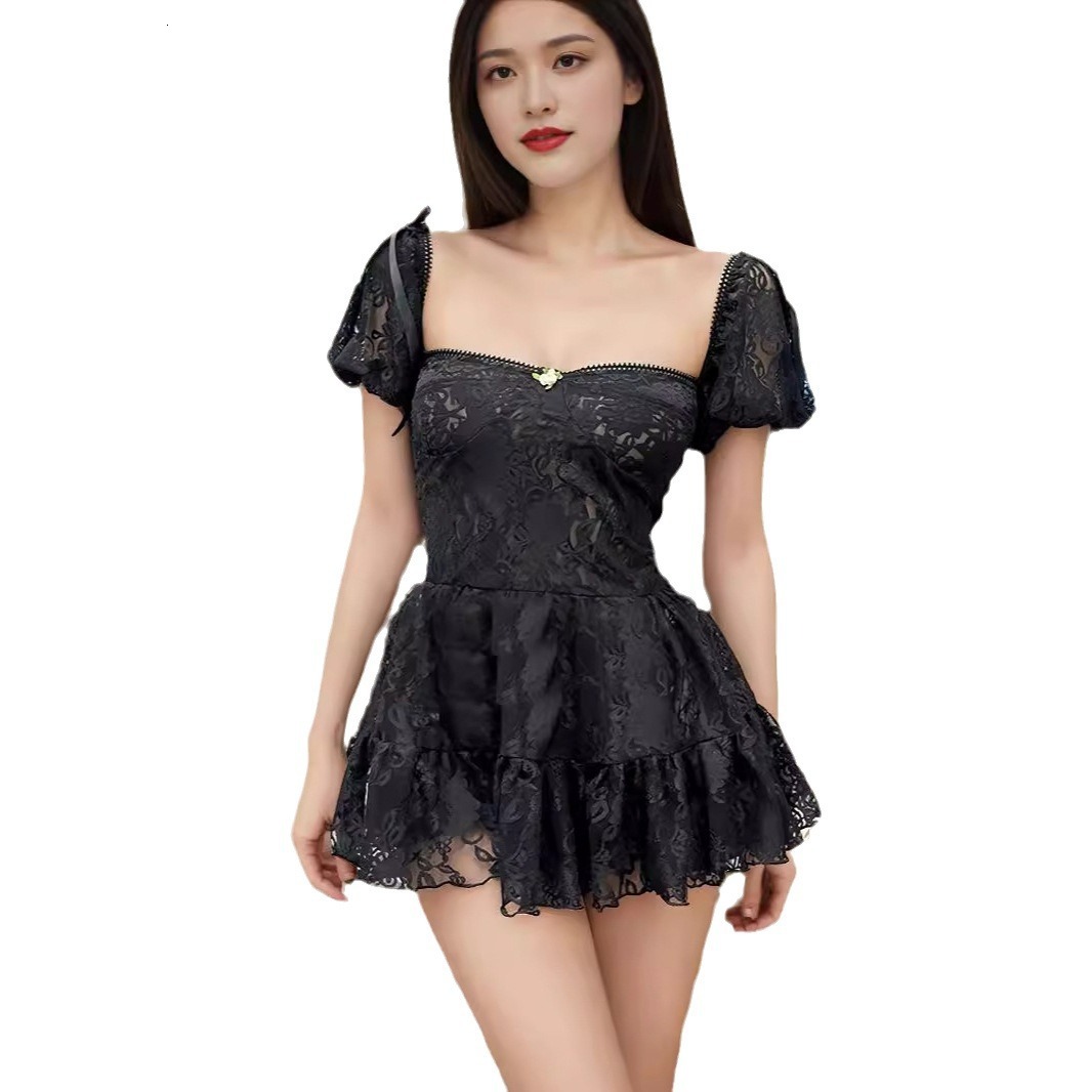 Women's summer new sweet style square collar lace short skirt pants with waist cinching and slim fit bubble sleeve dress