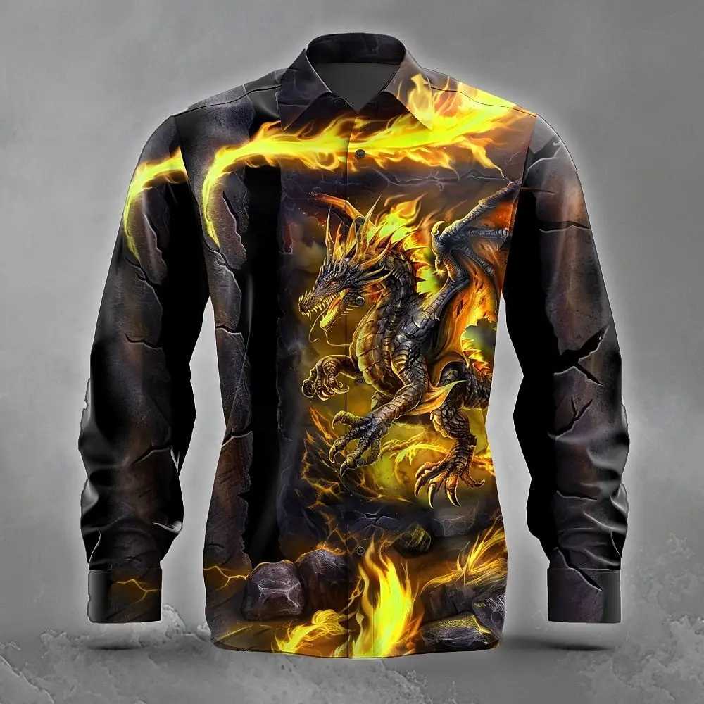 2025 Fashion Mens Animal Dragon Button Up Shirt Vintage Long Sleeve Retro Style Streetwear Turndown 3D Print Collared Shirts K251110