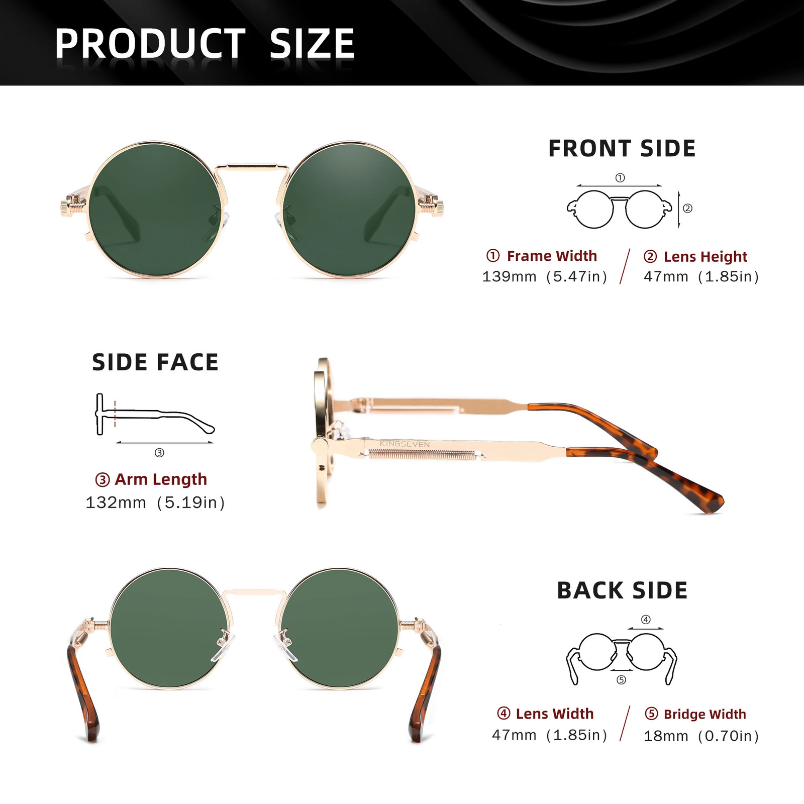 KINGSEVEN Mens Round Sunglasses Polarized Steampunk Womens Retro Style UV400 Eyewear Accessories Oculos 250410