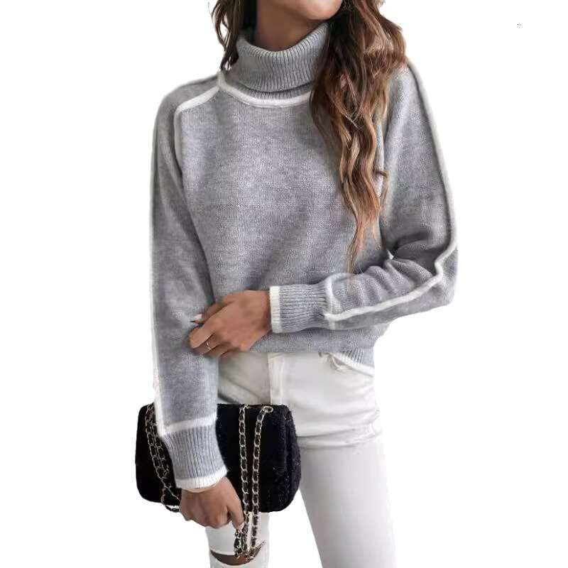 Cross-Border Autumn Winter Knitted Women's Pullover Long Sleeve Turtleneck Top Solid Color Loose Casual Versatile Sweater