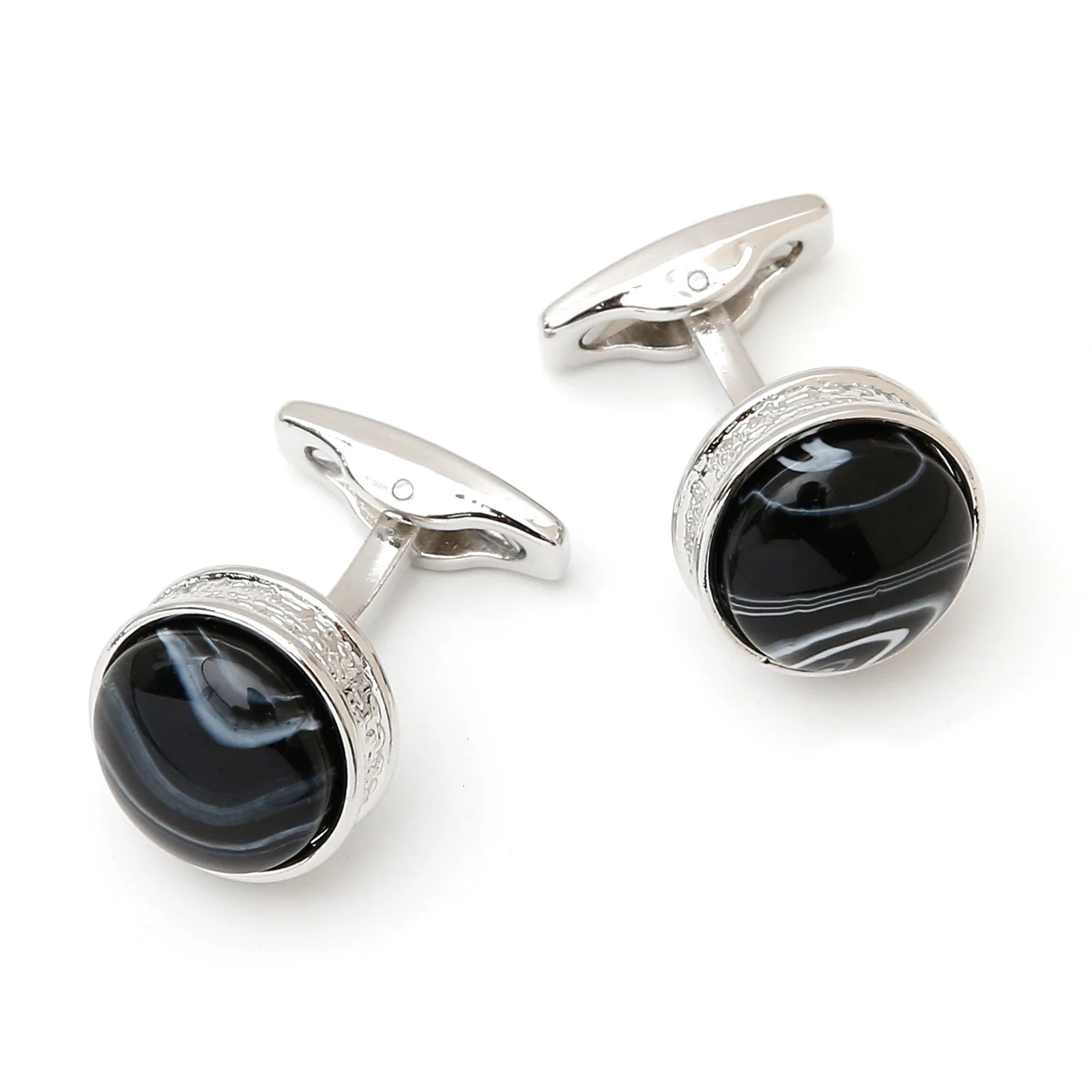 Casual Lrregular Black and White Patterns Round Silver Mens Cufflinks French Blue Color Stone Silver Shirt Buttons 250409